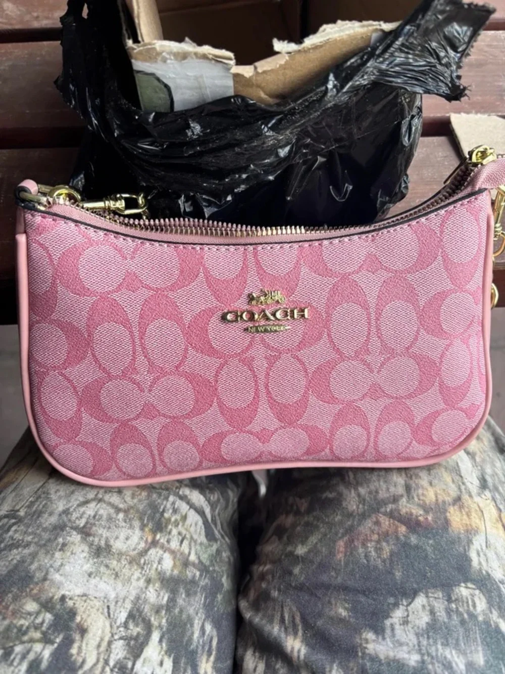 Coach Pink Signature Jacquard Wristlet with Gold Hardware